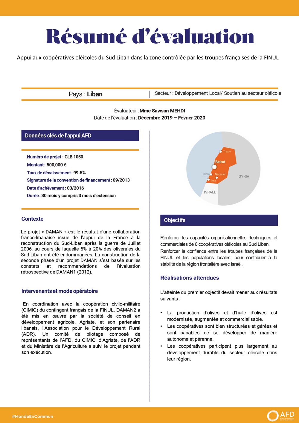 Résumé d'évaluation - Appui aux coopératives oléicoles du Sud Liban dans la zone contrôlée par les troupes françaises de la FINUL